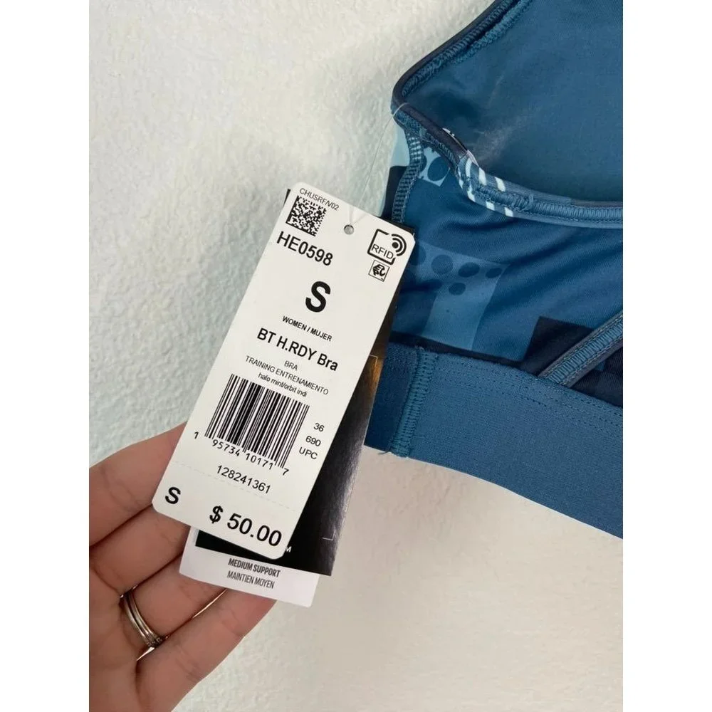 Adidas Peloton women's small blue teal racer‎ back sports bra medium support NWT